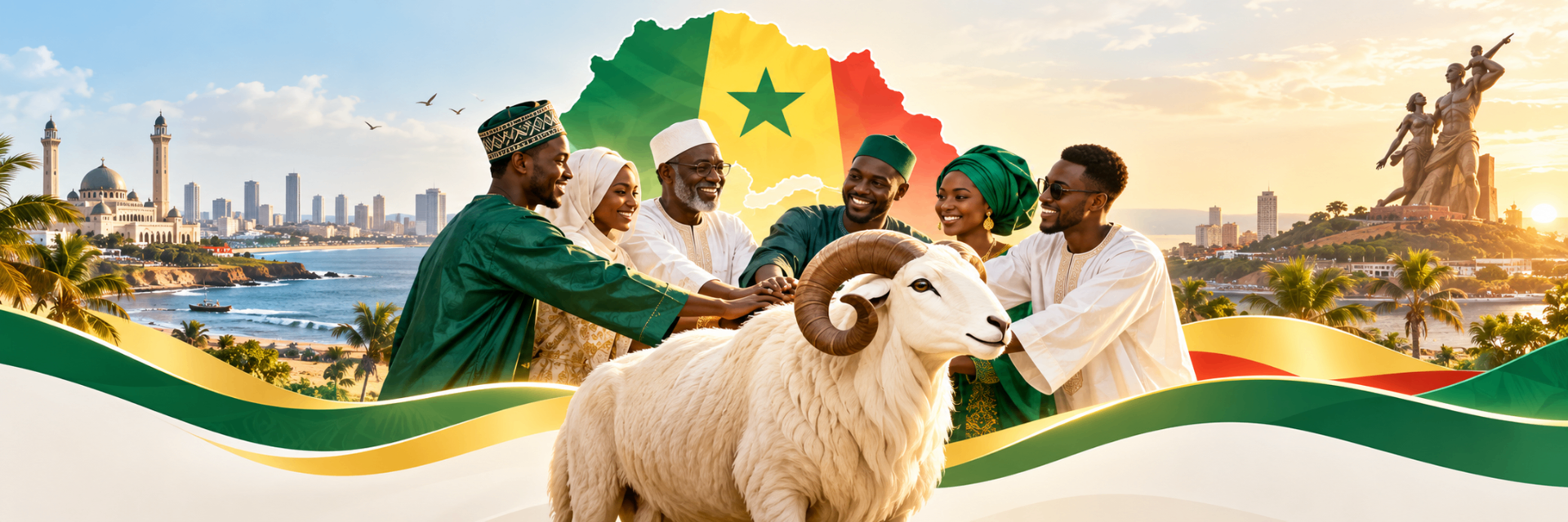 Familles et acheteurs sénégalais réunis autour d’un mouton, devant le drapeau du Sénégal